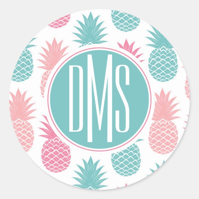 Vintage Pineapple Pattern | Monogram Classic Round Sticker (Front)