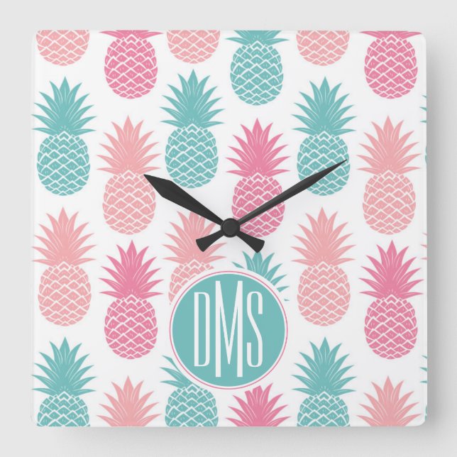 Vintage Pineapple Pattern | Monogram Square Wall Clock (Front)