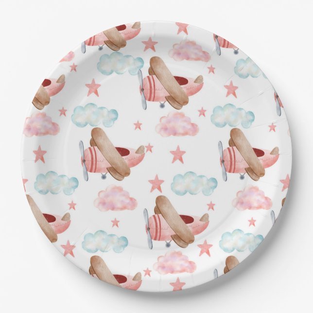 Vintage Pink Aeroplane Pilot Birthday Party Paper Plate (Front)
