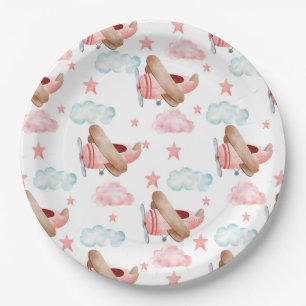 Vintage Pink Airplane Pilot Birthday Party Paper Plate