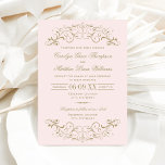 Vintage Pink and Antique Gold Flourish Wedding Invitation<br><div class="desc">Decorative swirls and flourishes frame this elegant vintage inspired wedding invitation design. Pale pastel pink and antique gold colour scheme.  Personalise the custom text for your marriage ceremony and reception.</div>
