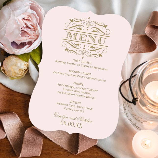 Vintage Pink and Antique Gold Flourish Wedding Menu (Creator Uploaded)
