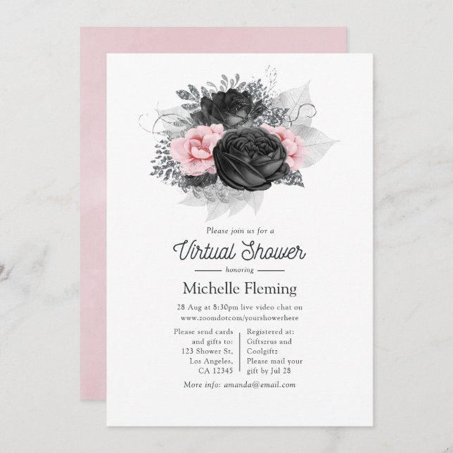 Vintage Pink and Black Roses Virtual Shower Invitation (Front/Back)