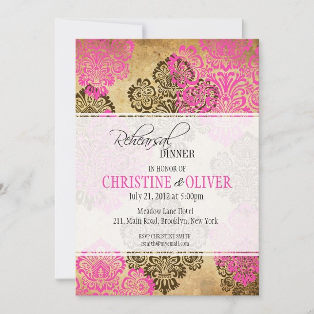 Vintage Pink and Brown Wedding Rehearsal Dinner Invitation (Front)