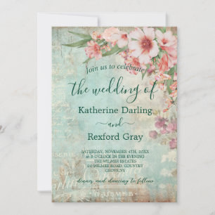 Vintage Pink and Green Photo QR Code Wedding Invitation