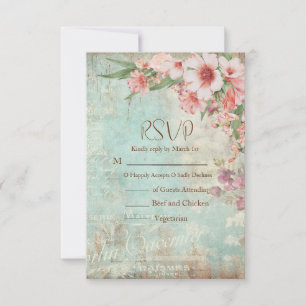 Vintage Pink and Green QR Code Wedding RSVP Card