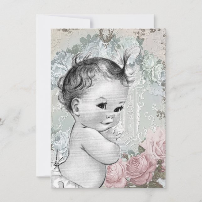 Vintage Pink and Grey Baby Girl Shower Invitation (Front)