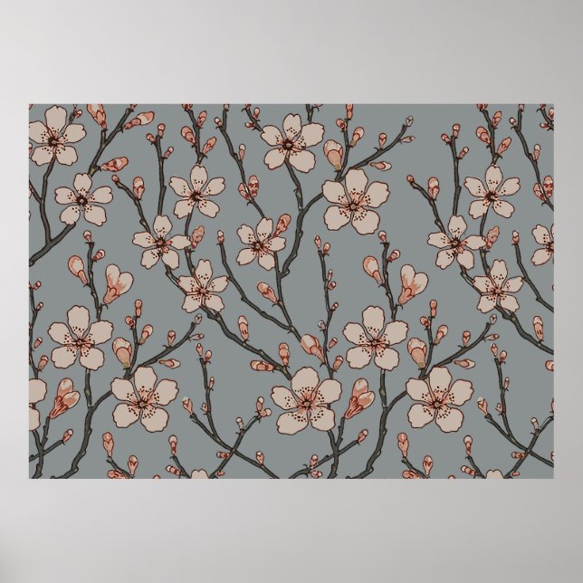 Vintage Pink and Grey Blossom Pattern Poster (Front)