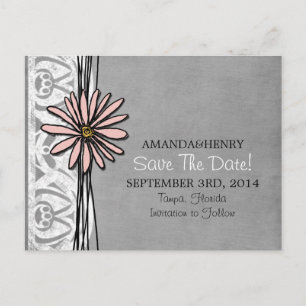 Vintage Pink and Grey Daisy Save The Date Announcement Postcard