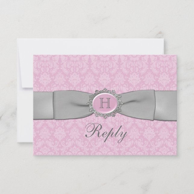 Vintage Pink and Grey Damask Reply Card (Front)