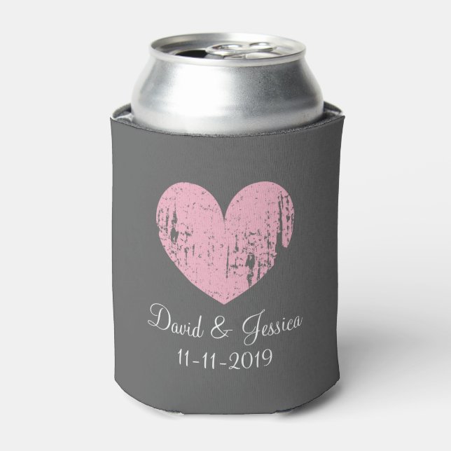 Vintage pink and grey heart wedding can coolers (Can Front)