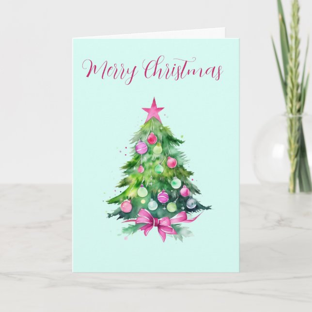 Vintage Pink and Mint Christmas Tree Card (Front)