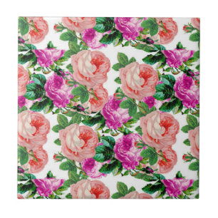 Vintage Pink And Purple Floral Rose Pattern Tile