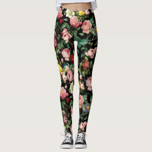 Vintage pink and red rose garden pattern leggings