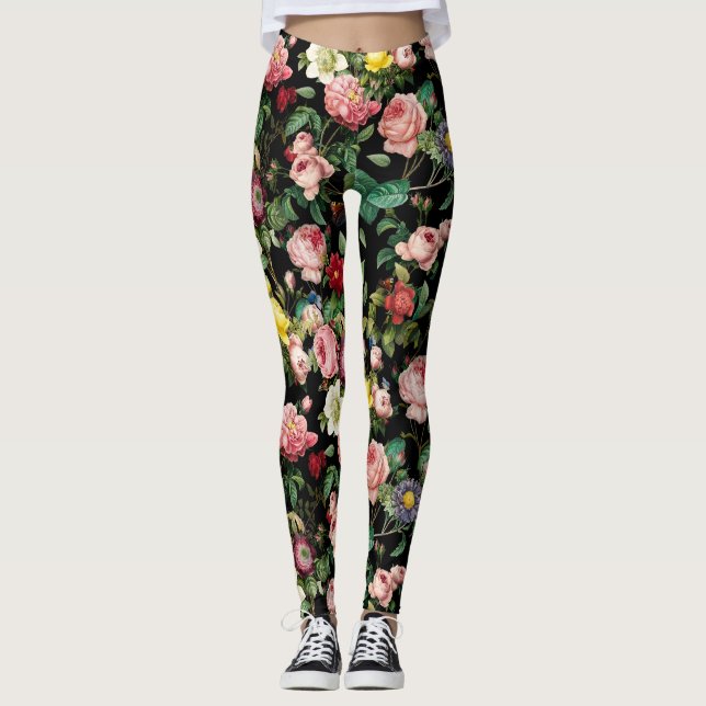 Vintage pink and red rose garden pattern leggings (Front)