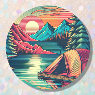 Vintage Pink and Teal Camping Themed  Classic Round Sticker