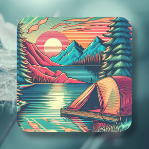 Vintage Pink and Teal Camping Themed  Square Sticker