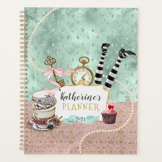 Vintage Pink and Turquoise Wonderland Spiral Photo Planner (Front)