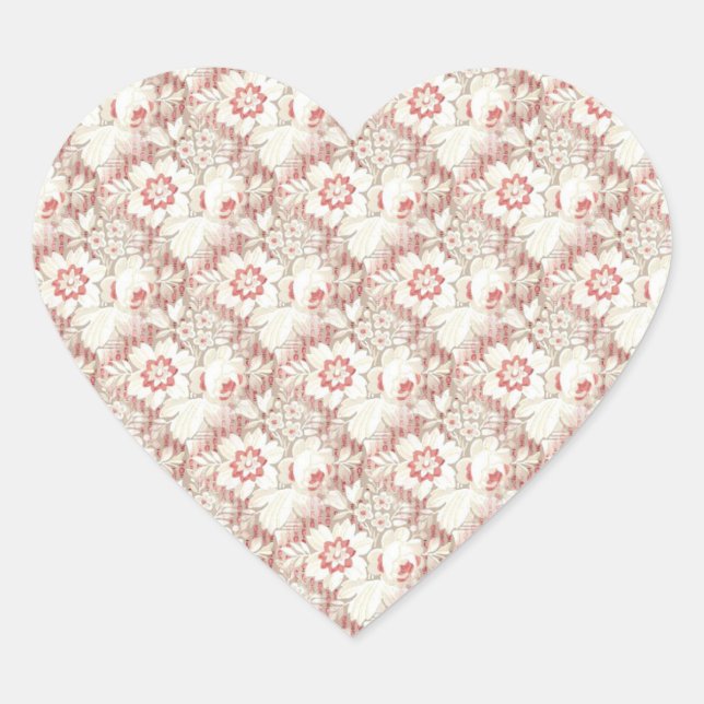 Vintage Pink and White Flower Pattern Heart Sticker (Front)