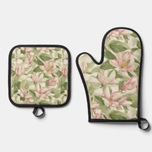 Vintage Pink and White Magnolia Flowers Oven Mitt & Pot Holder Set