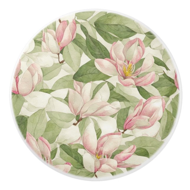 Vintage Pink and White Magnolias Ceramic Knob (Front)