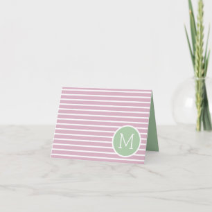 Vintage Pink and White Stripes With Green Monogram Note Card