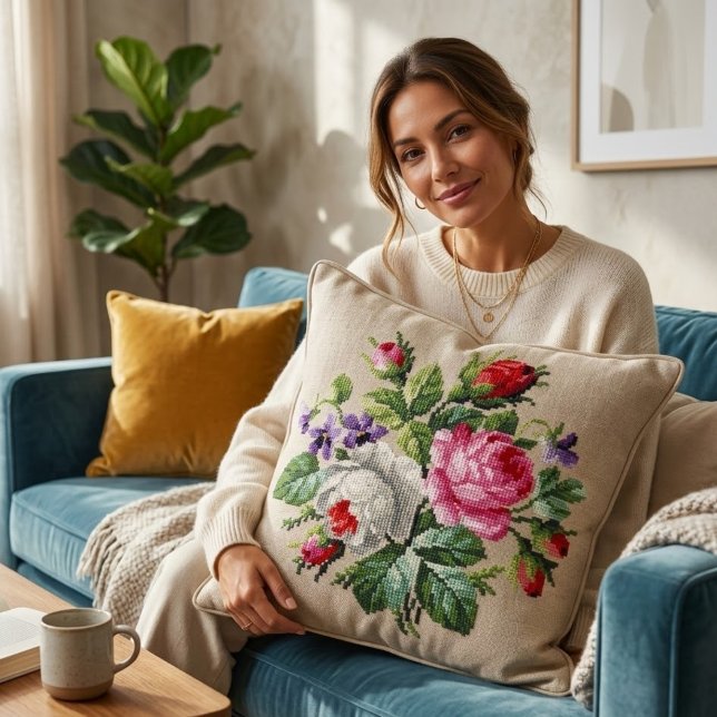 Vintage Pink and WhiteFloral Cross Stitch Cushion (Creator Uploaded)