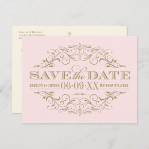 Vintage Pink Antique Flourish Save the Date Announcement Postcard