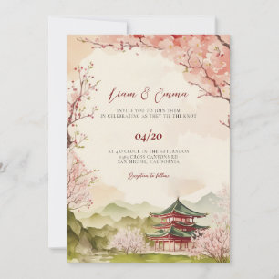 Vintage Pink Asian Japanese Traditional Wedding Invitation