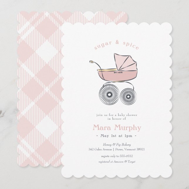 Vintage Pink Baby Carriage Girl Baby Shower Invitation (Front/Back)
