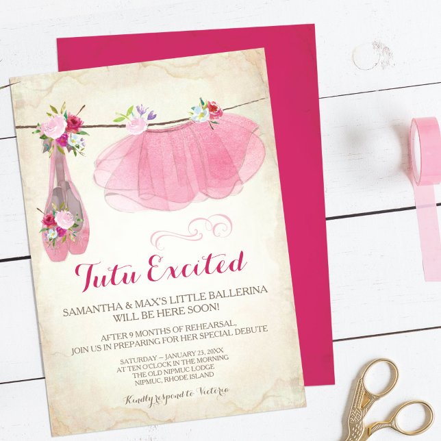 Vintage Pink Ballerina Girl Baby Shower Invitation (Tutu excited ballerina baby shower invitations pink for a girl. )
