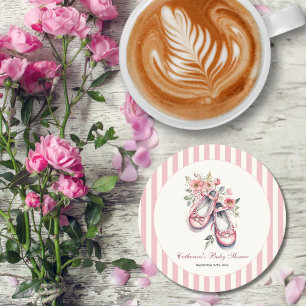 Vintage Pink Ballerina Shoes Girl Baby Shower Round Paper Coaster