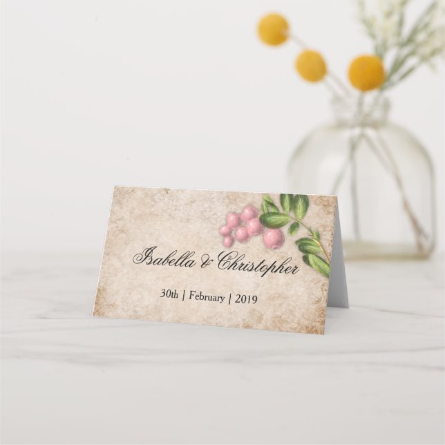 Vintage Pink Berries Wedding Place Card (Front)