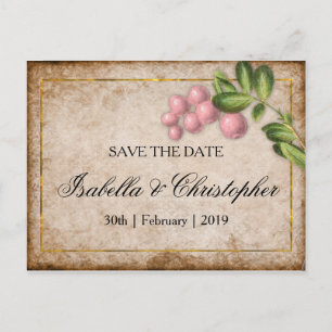 Vintage Pink Berries Wedding Save the Date Announcement Postcard