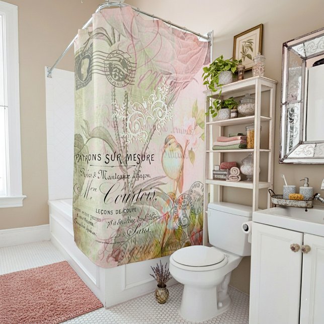 Vintage pink bird floral shower curtain (Creator Uploaded)