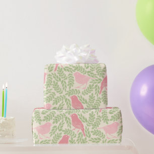 Vintage Pink Bird Green Leaf Pattern Wrapping Paper