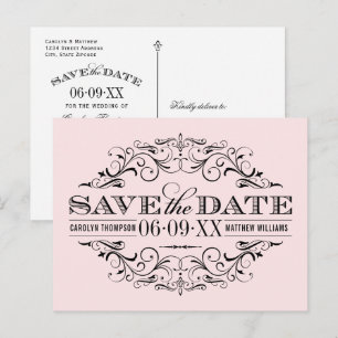 Vintage Pink Black Flourish Save the Date Announcement Postcard