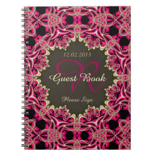 Vintage Pink Black Gold Lacy Monogram Guest Book