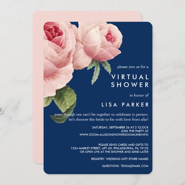 Vintage Pink Black Rose Blue Virtual Shower Invitation (Front/Back)