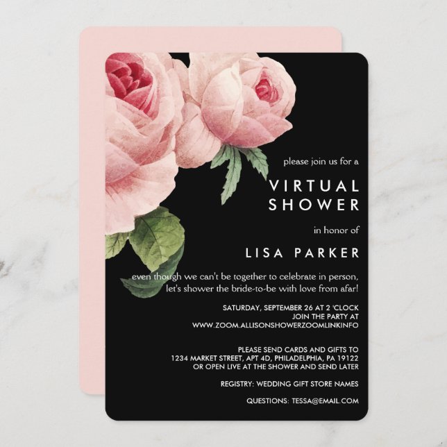 Vintage Pink Black Rose Virtual Shower Invitation (Front/Back)