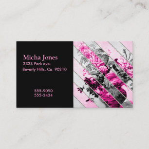 Vintage Pink Black White Floral Stripes Glitter Business Card