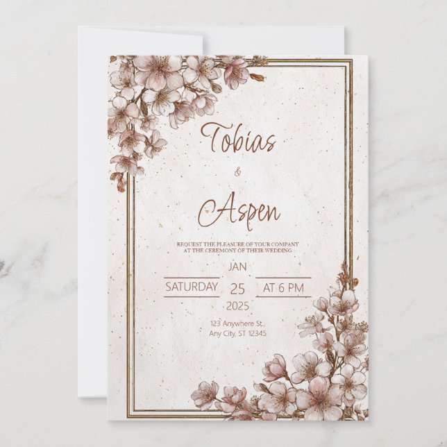 Vintage Pink Blossom Gold Frame Rustic Wedding Invitation (Front)