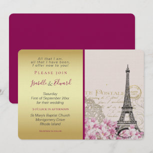 Vintage Pink Blossoms Eiffel Tower Gold & Burgundy Invitation