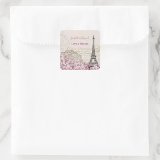 Vintage Pink Blossoms Paris Eiffel Tower Wedding Square Sticker