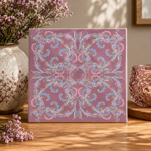Vintage Pink & Blue Arabesque Tile on Dusty Mauve