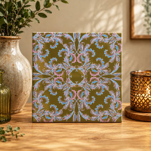 Vintage Pink & Blue Arabesque Tile on Olive Gold