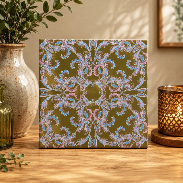 Vintage Pink & Blue Arabesque Tile on Olive Gold (Creator Uploaded)