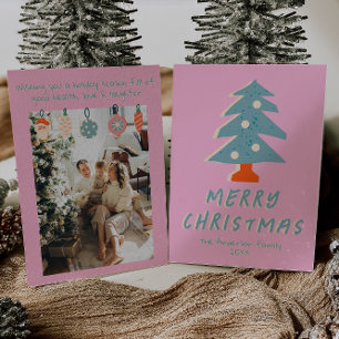 Vintage Pink Blue Colorful Funky Tree Christmas  Holiday Card