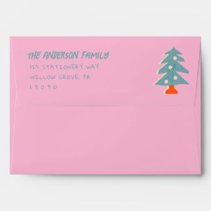 Vintage Pink Blue Hand Drawn Tree Christmas Envelope