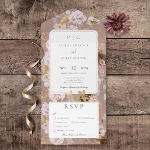 Vintage Pink Blush Floral Monogram Dinner All In One Invitation